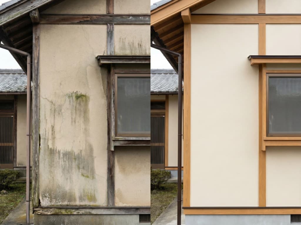 Before: 雨だれや経年の変化が見られる外壁。After: 明るいベージュで新築のように蘇った外観。